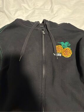 Vans Black Zip-Up Hoodie with Teal Hummingbird and Orange Floral Embroidery